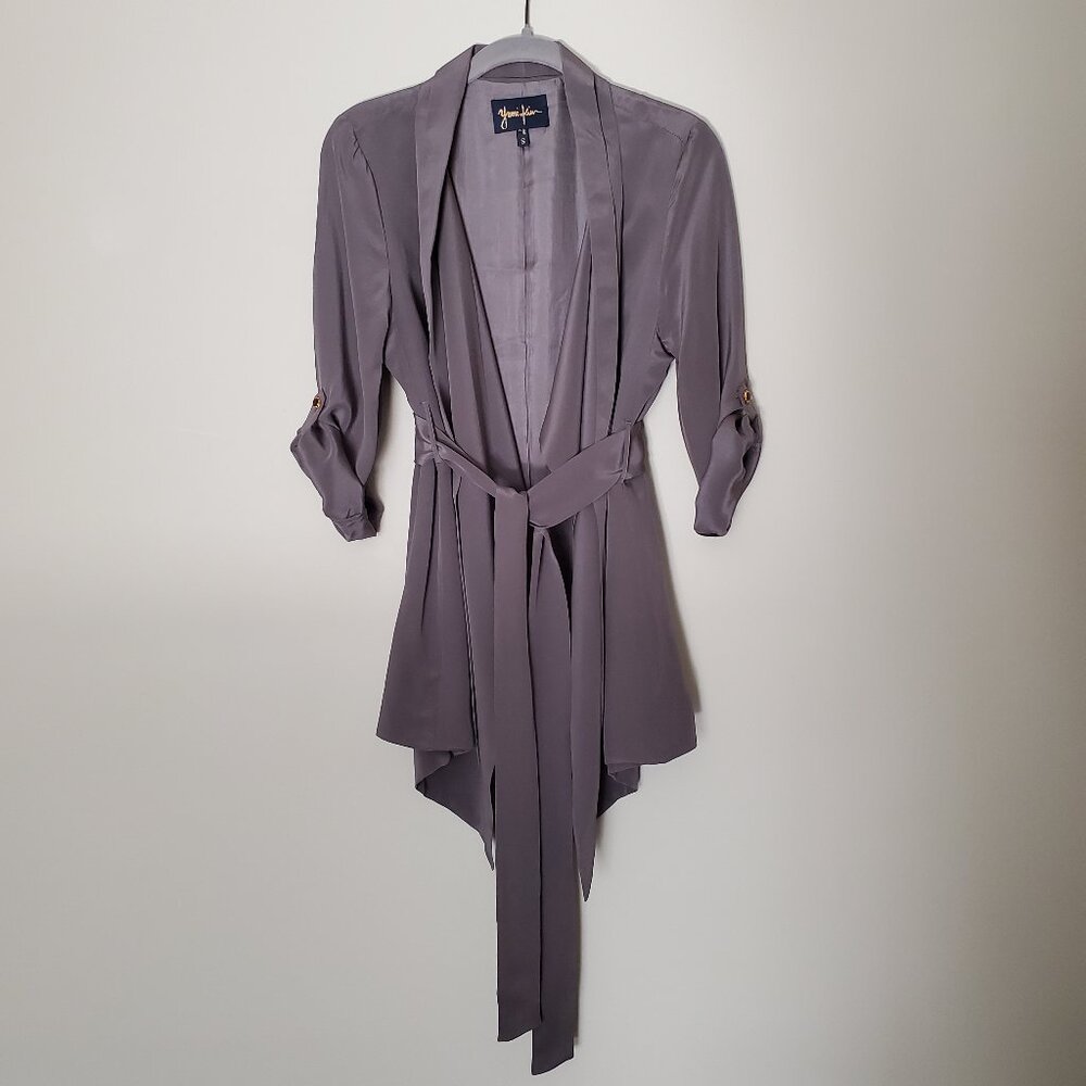 NEW Yumi Kim 100% Silk Grey Wrap Jacket S – Drapey Belted Kimono Top